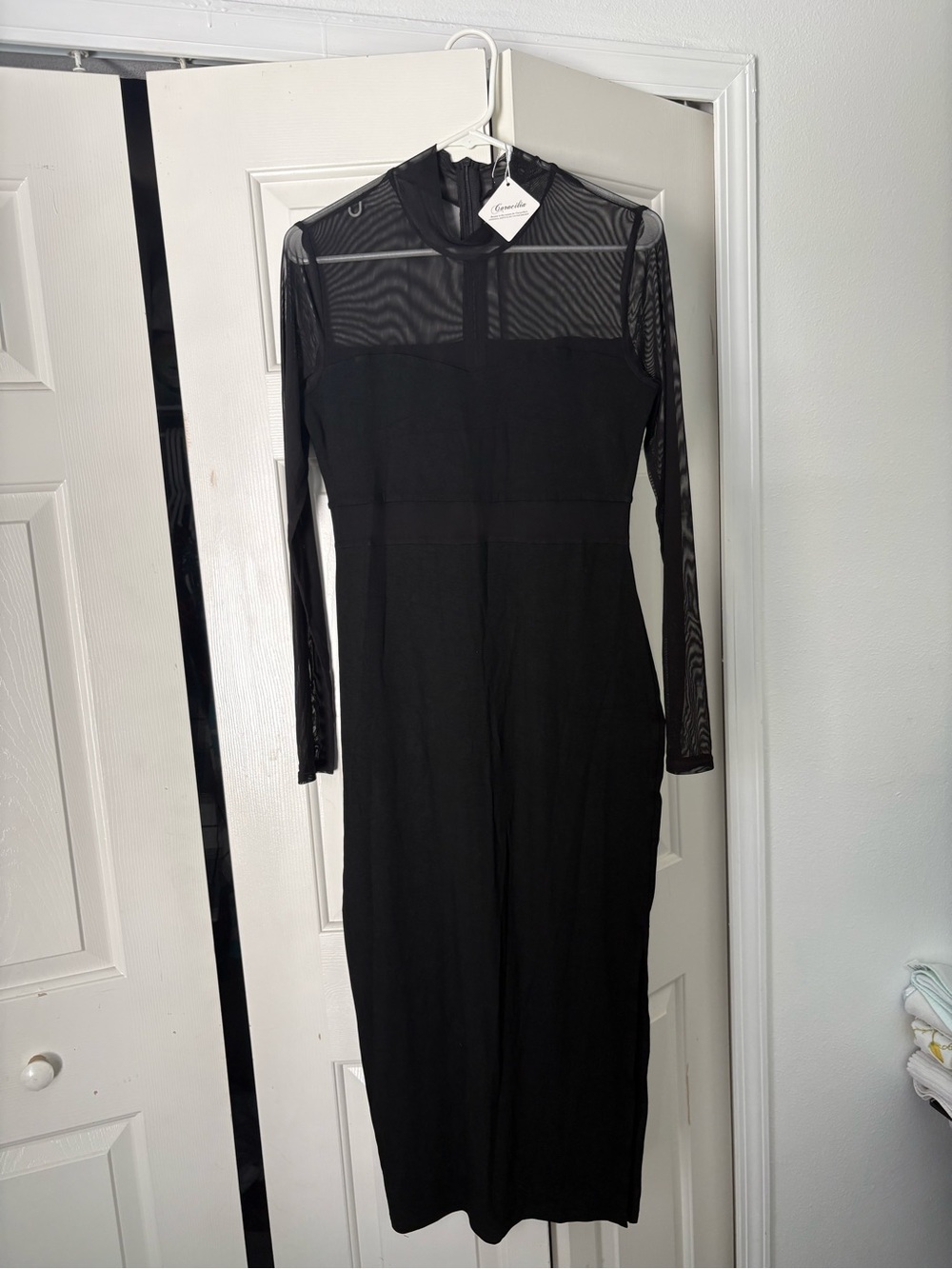 Caracilia Black Long-Sleeve Mesh Panel Midi Dress
